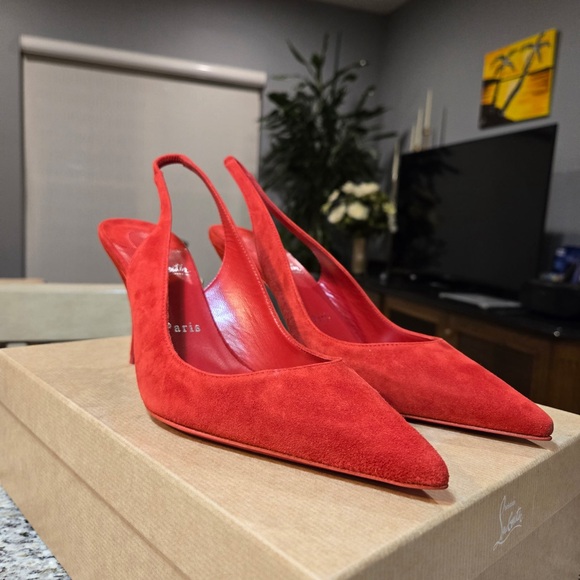 NEW Christian Louboutin Clare Sling 80mm Size 39 in Fiery Red Suede - Picture 5 of 13
